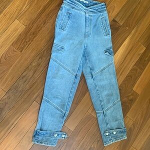 Pacsun Cargo side zip patch JUNIOR SZ 22 high rise light wash snap cuff detail